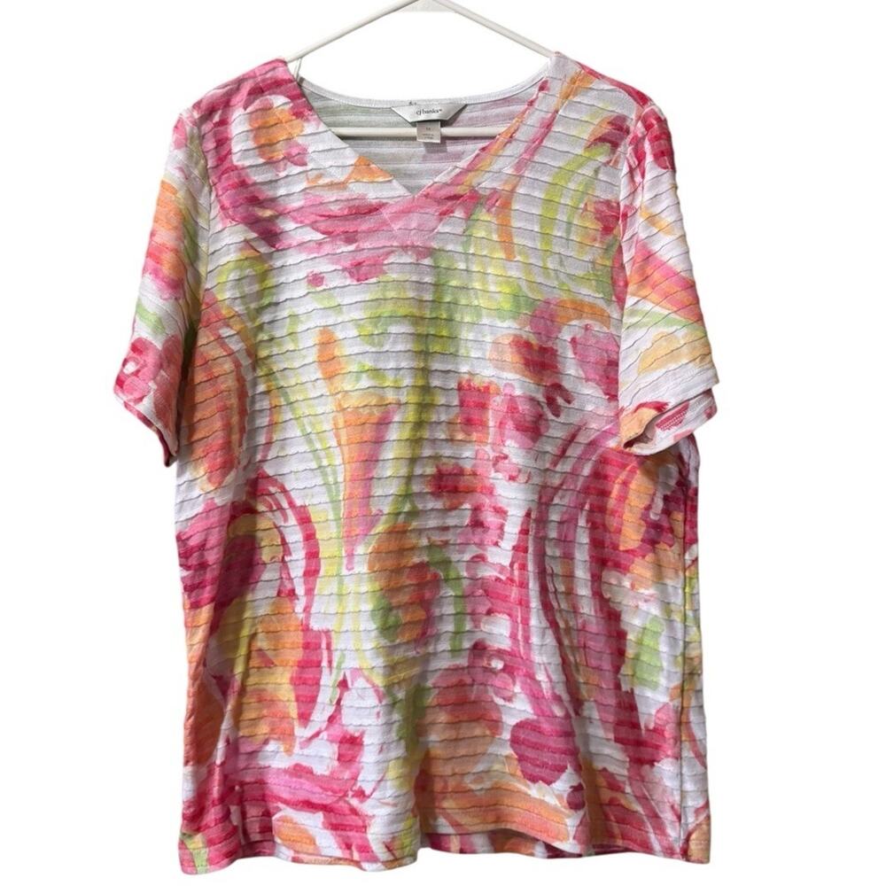 Cj Banks Women Size 1X Tiered Short Sleeve Blouse Colorful Spring Career City